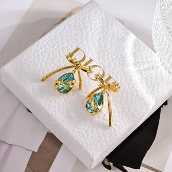 Dior Bow Earrings with Green Drop Accents