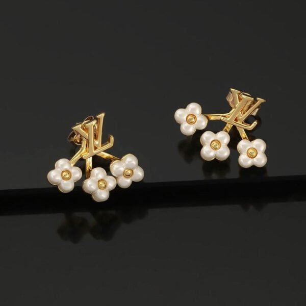 Louis Vuitton LV Letter and White Flower Cluster Stud Earrings