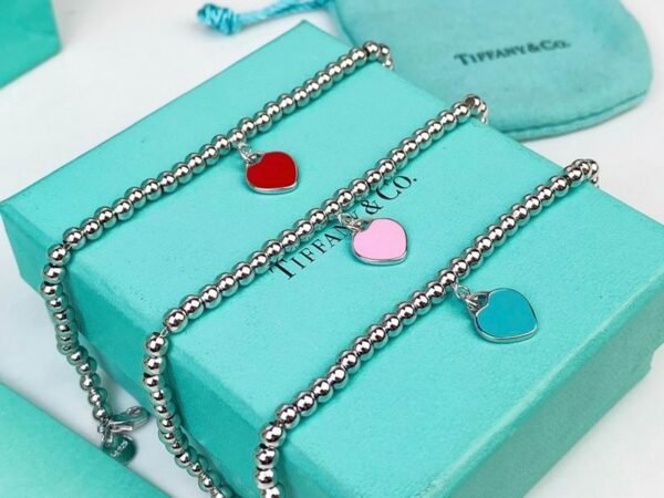 Tiffany Round Bead Bracelet with Colour Heart Charm